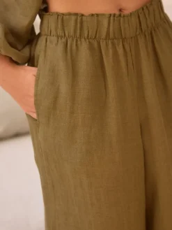 Next Khaki Green 100% Linen Premium Wide Leg Trousers