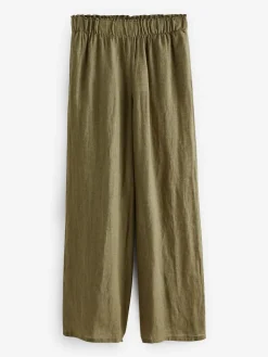 Next Khaki Green 100% Linen Premium Wide Leg Trousers