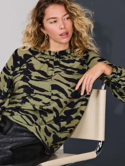 Next Khaki Green Animal Print Long Sleeve V-Neck Blouse Clearance