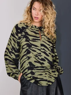 Next Khaki Green Animal Print Long Sleeve V-Neck Blouse Clearance