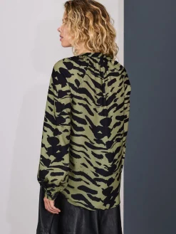 Next Khaki Green Animal Print Long Sleeve V-Neck Blouse Clearance