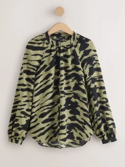 Next Khaki Green Animal Print Long Sleeve V-Neck Blouse Clearance
