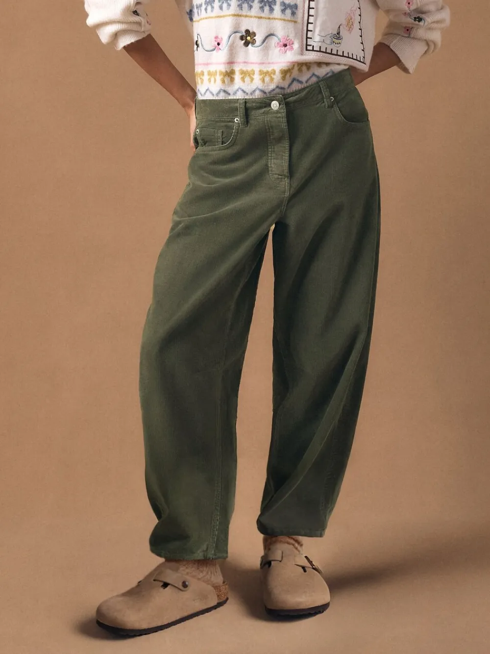 Next Cord Barrel Leg Trousers Khaki Green Sale