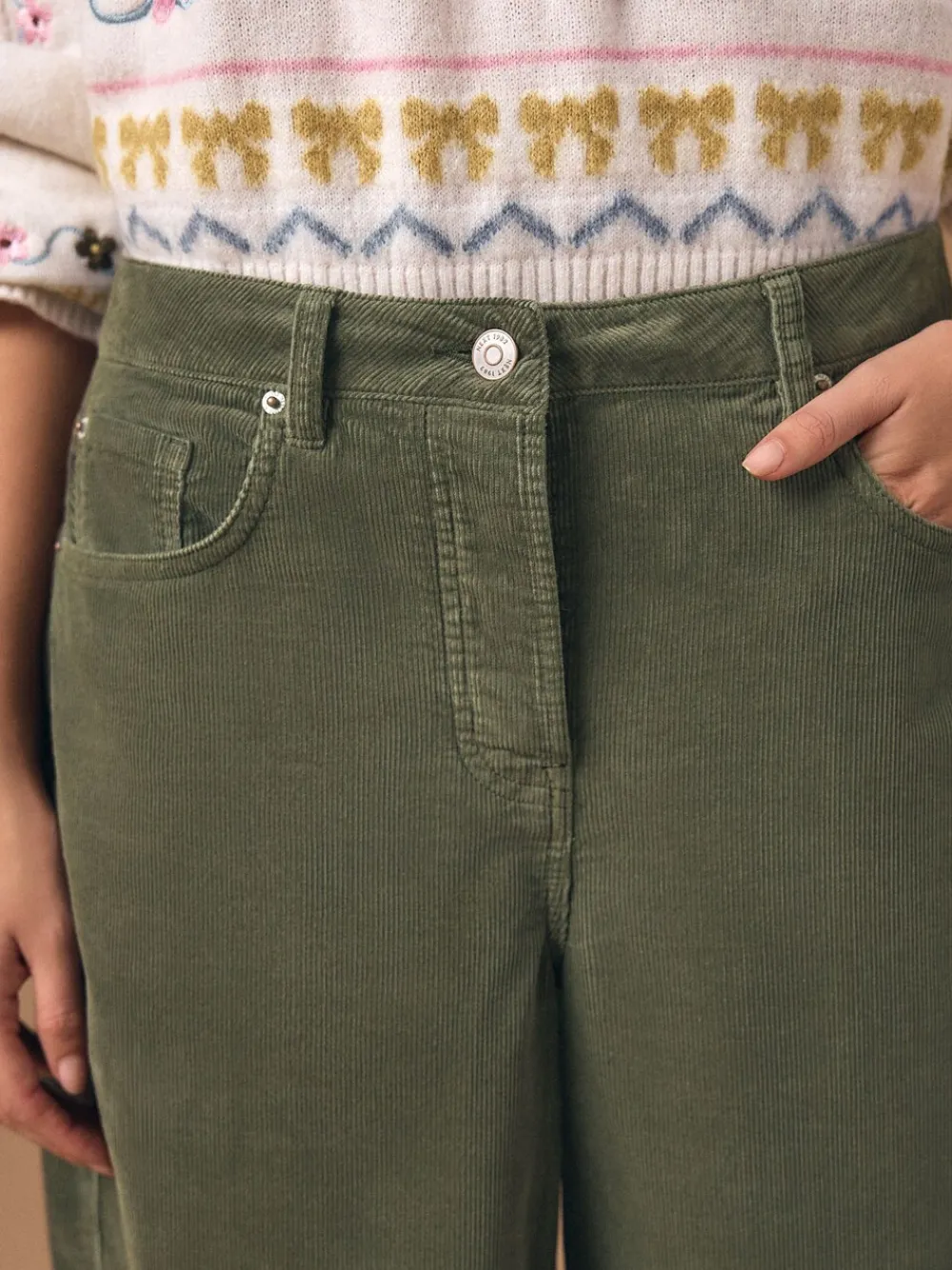 Next Cord Barrel Leg Trousers Khaki Green Sale