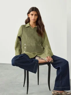 Next Knitted Tank Shirt Layer With Button Detail Khaki Green Sale