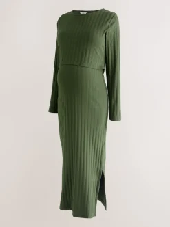 Next Maternity Long Sleeve Nursing Shelf Dress Khaki Green Best