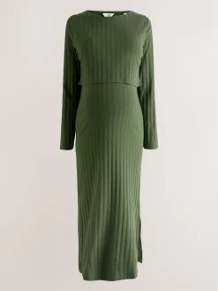 Next Maternity Long Sleeve Nursing Shelf Dress Khaki Green Best