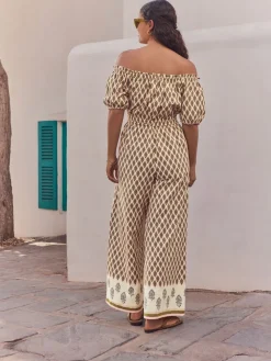 Next Off Shoulder 100% Cotton Wide Leg Jumpsuit Khaki Green Outlet