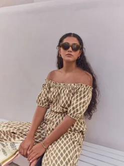 Next Off Shoulder 100% Cotton Wide Leg Jumpsuit Khaki Green Outlet