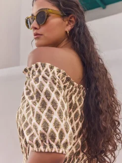 Next Off Shoulder 100% Cotton Wide Leg Jumpsuit Khaki Green Outlet