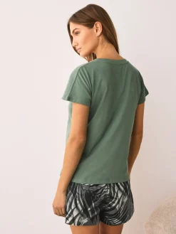 Next Short Pyjamas Set Khaki Green Palm Hot