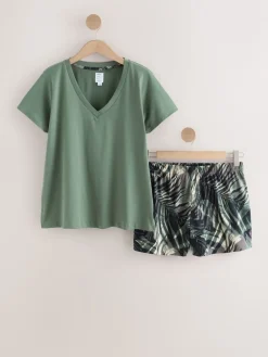 Next Short Pyjamas Set Khaki Green Palm Hot