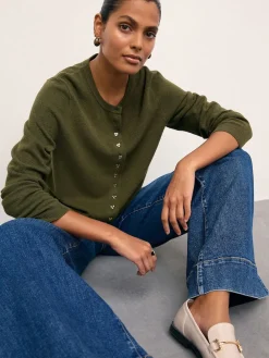 Next Khaki Green Slim Supersoft Crew Neck Cardigan with Wool Best