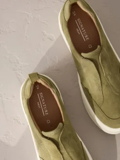 Next Slip On Signature Leather Chunky Wedge Platform Trainers Khaki Green Best