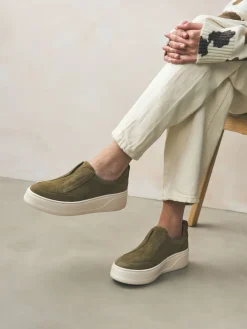 Next Slip On Signature Leather Chunky Wedge Platform Trainers Khaki Green Best