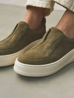 Next Slip On Signature Leather Chunky Wedge Platform Trainers Khaki Green Best