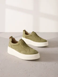 Next Slip On Signature Leather Chunky Wedge Platform Trainers Khaki Green Best