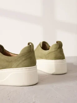 Next Slip On Signature Leather Chunky Wedge Platform Trainers Khaki Green Best