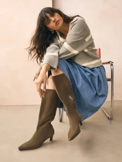 Next Forever Comfort® Knee High Chisel Toe Heeled Boots Khaki Green Suede Sale