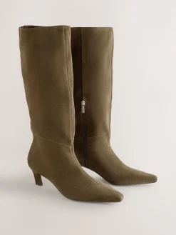 Next Forever Comfort® Knee High Chisel Toe Heeled Boots Khaki Green Suede Sale
