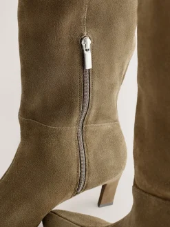 Next Forever Comfort® Knee High Chisel Toe Heeled Boots Khaki Green Suede Sale