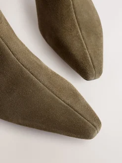 Next Forever Comfort® Knee High Chisel Toe Heeled Boots Khaki Green Suede Sale