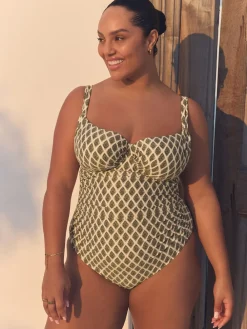 Next F-K Underwired Tummy Control Swimsuit Khaki Green/Cream Foil Woodblock Online