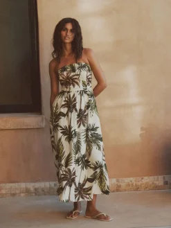Next Ruched Bandeau Midi Dress with Linen Khaki/Cream Palm Printed Clearance