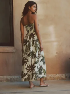 Next Ruched Bandeau Midi Dress with Linen Khaki/Cream Palm Printed Clearance