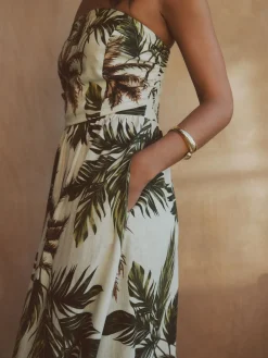 Next Ruched Bandeau Midi Dress with Linen Khaki/Cream Palm Printed Clearance