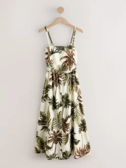 Next Ruched Bandeau Midi Dress with Linen Khaki/Cream Palm Printed Clearance