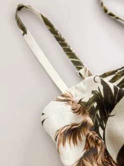 Next Ruched Bandeau Midi Dress with Linen Khaki/Cream Palm Printed Clearance