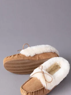 Lakeland Leather Ladies Sheepskin Moccasin Slippers Tan Brown Discount