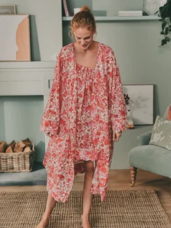 Laura Ashley Pink Peony Cotton Scalloped Woven Robe New