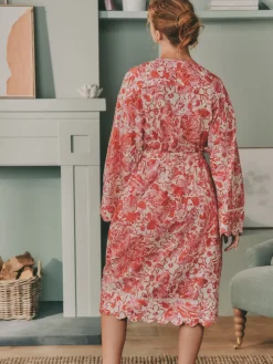 Laura Ashley Pink Peony Cotton Scalloped Woven Robe New