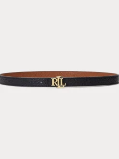 Lauren Ralph Lauren 1.9cm Skinny Logo Reversible Pebbled Leather Belt Black/Lauren Tan Outlet