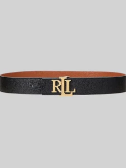 Lauren Ralph Lauren Black/Lauren Tan Wide Logo Reversible Pebbled Leather Belt Clearance