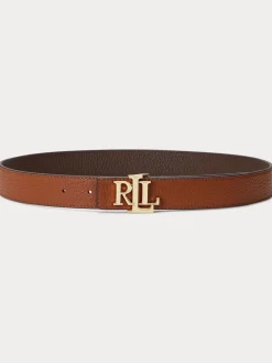 Lauren Ralph Lauren 2.5cm Logo Reversible Pebbled Leather Belt Lauren Tan/Dark Brown New