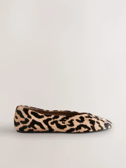 Next Leopard Extra Wide Fit Leather Round Toe Ballerinas New