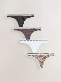 Next Thong Cotton Logo Knickers 4 Pack Leopard Print