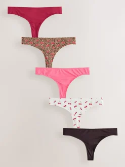 Next Thong Microfibre Knickers 5 Pack Leopard/Cherry Print New