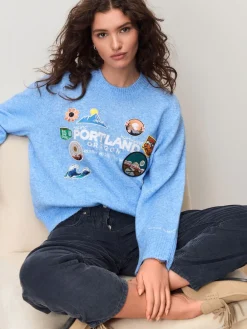 Next Light Blue Badge Embroidery Crew Neck Knitted Jumper with Wool Online