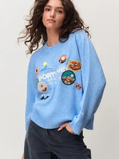 Next Light Blue Badge Embroidery Crew Neck Knitted Jumper with Wool Online