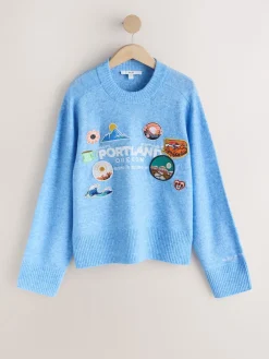 Next Light Blue Badge Embroidery Crew Neck Knitted Jumper with Wool Online