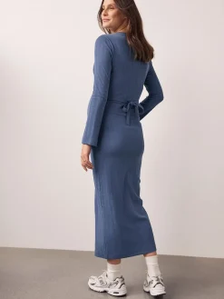 Next Tie Back Ribbed V-Neck Dress Light Blue Outlet