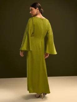 Next Twist Front Long Sleeve Satin Maxi Dress Lime Green New