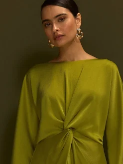 Next Twist Front Long Sleeve Satin Maxi Dress Lime Green New