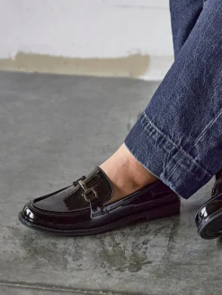 Linzi Black Belle Patent Slip-Ons Leather Loafers With Gold Trim Hot