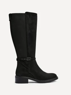 Linzi Power High Leg Boots With Stretch Side Panel and Buckle Detail Black Dark New