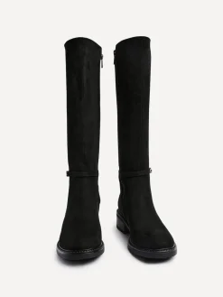 Linzi Power High Leg Boots With Stretch Side Panel and Buckle Detail Black Dark New